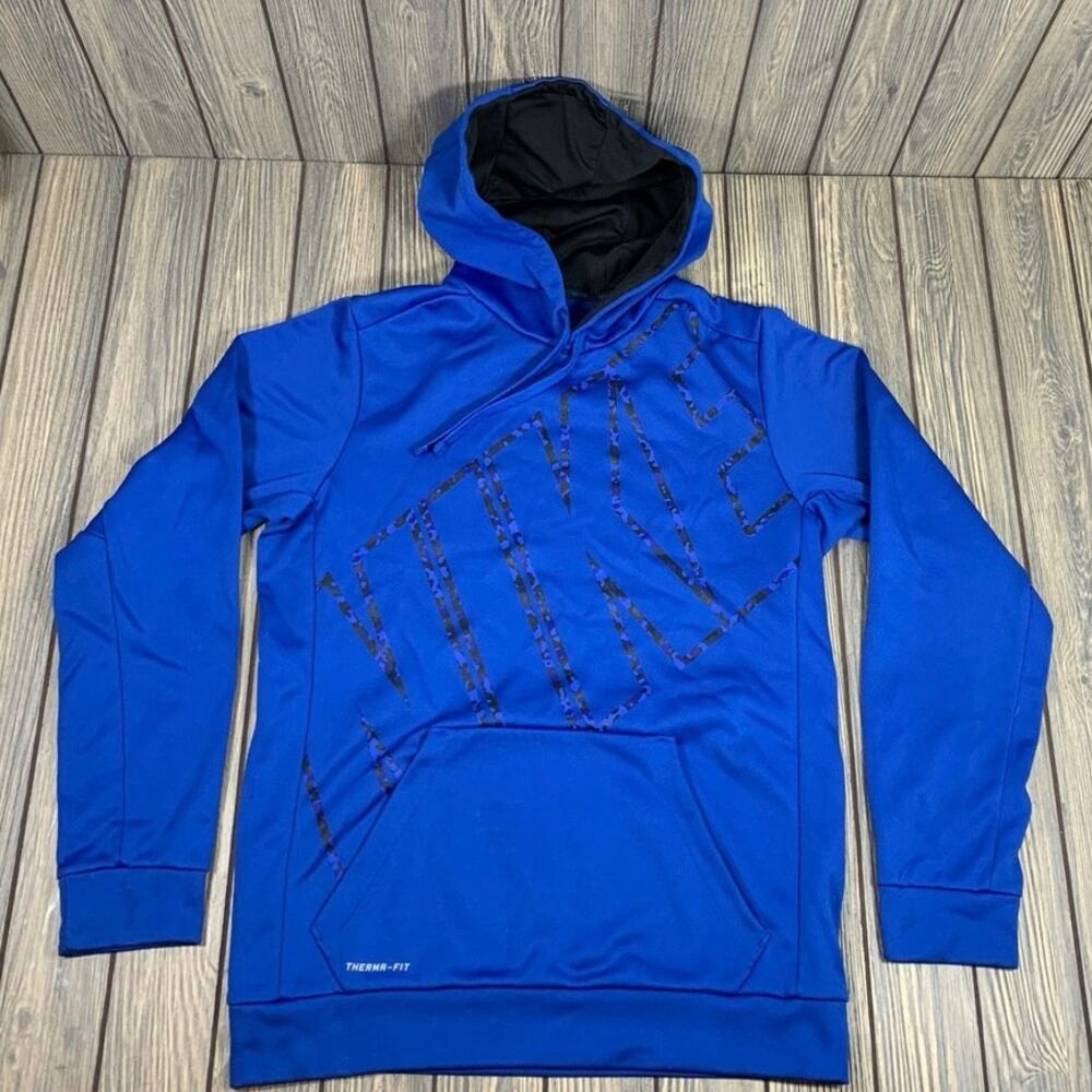 Nike Men Therma Fit Hoodie‎ Blue Chest Spellout Fleece Lined Size Small